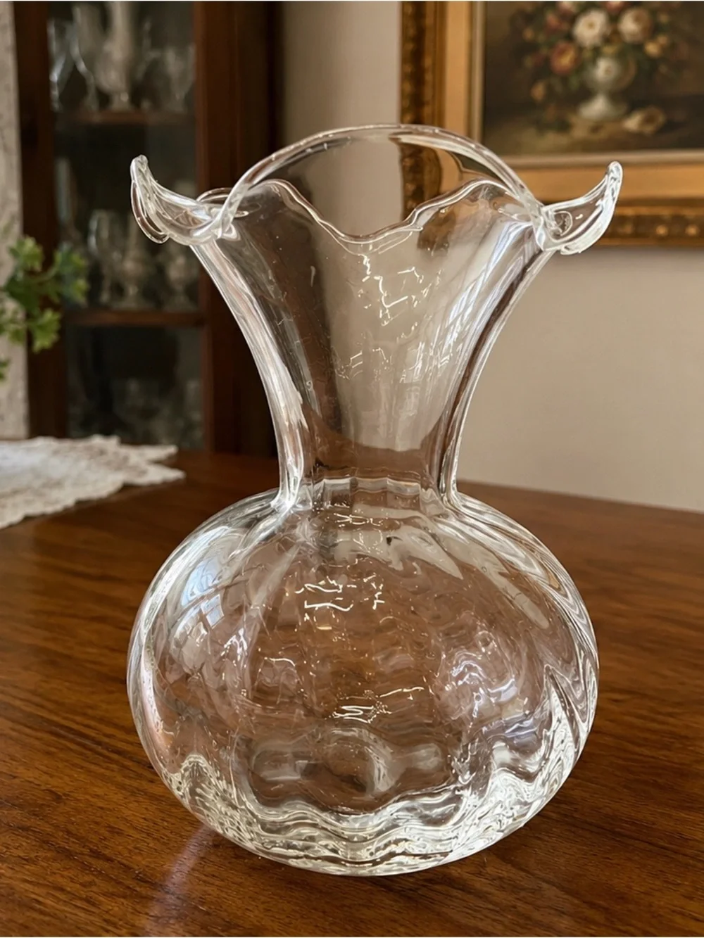 Vintage Clear Glass Vase Double Scroll Handles Bulbous Flared Ruffled Rim 6”